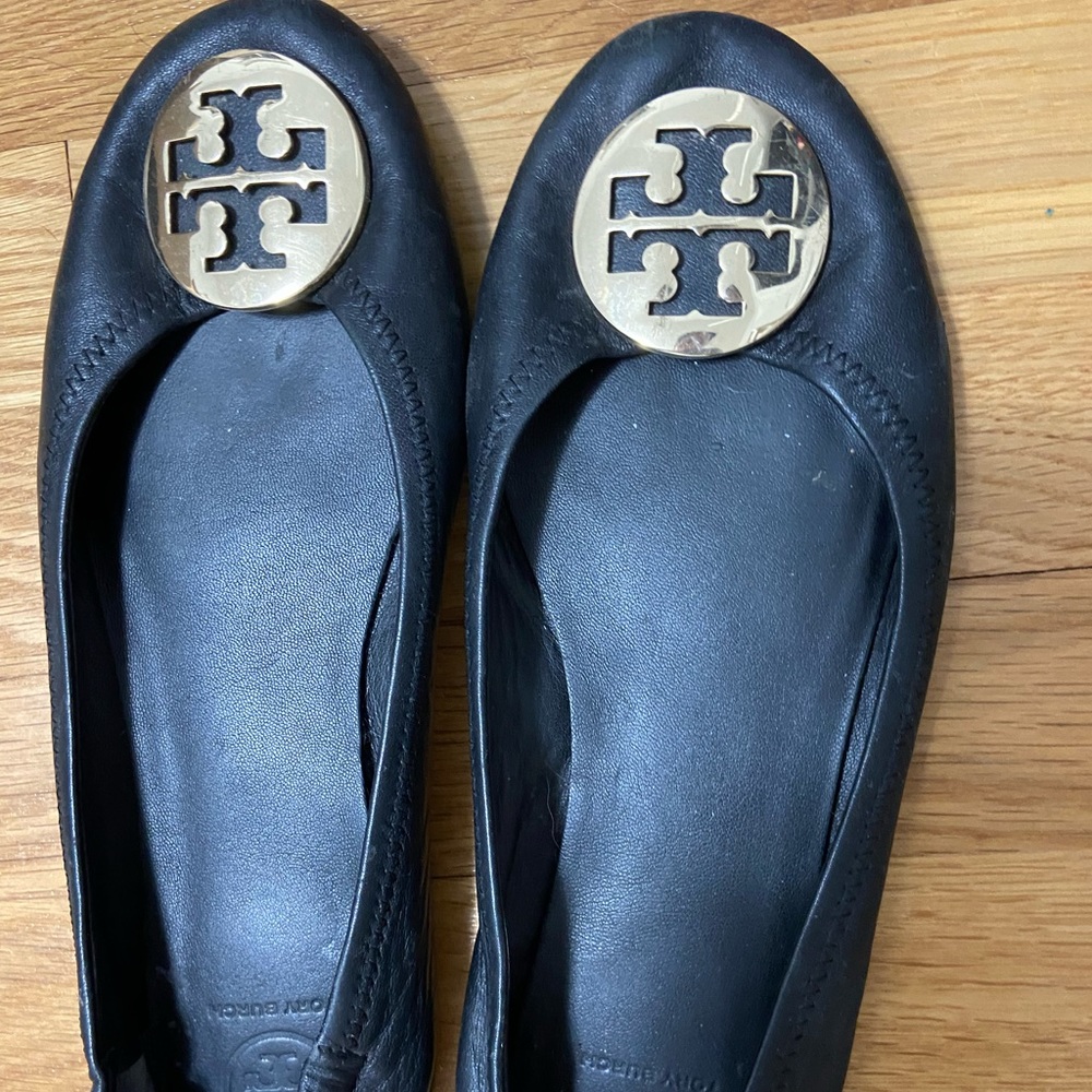 Tory Burch Leather Shoes Reva Black Flats 8.5